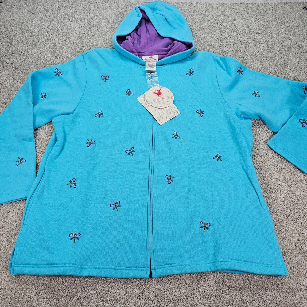 Quacker Factory Womens‎ 1X Blue Dragonfly Beaded Embroidered Zip Up Hoodie NWT